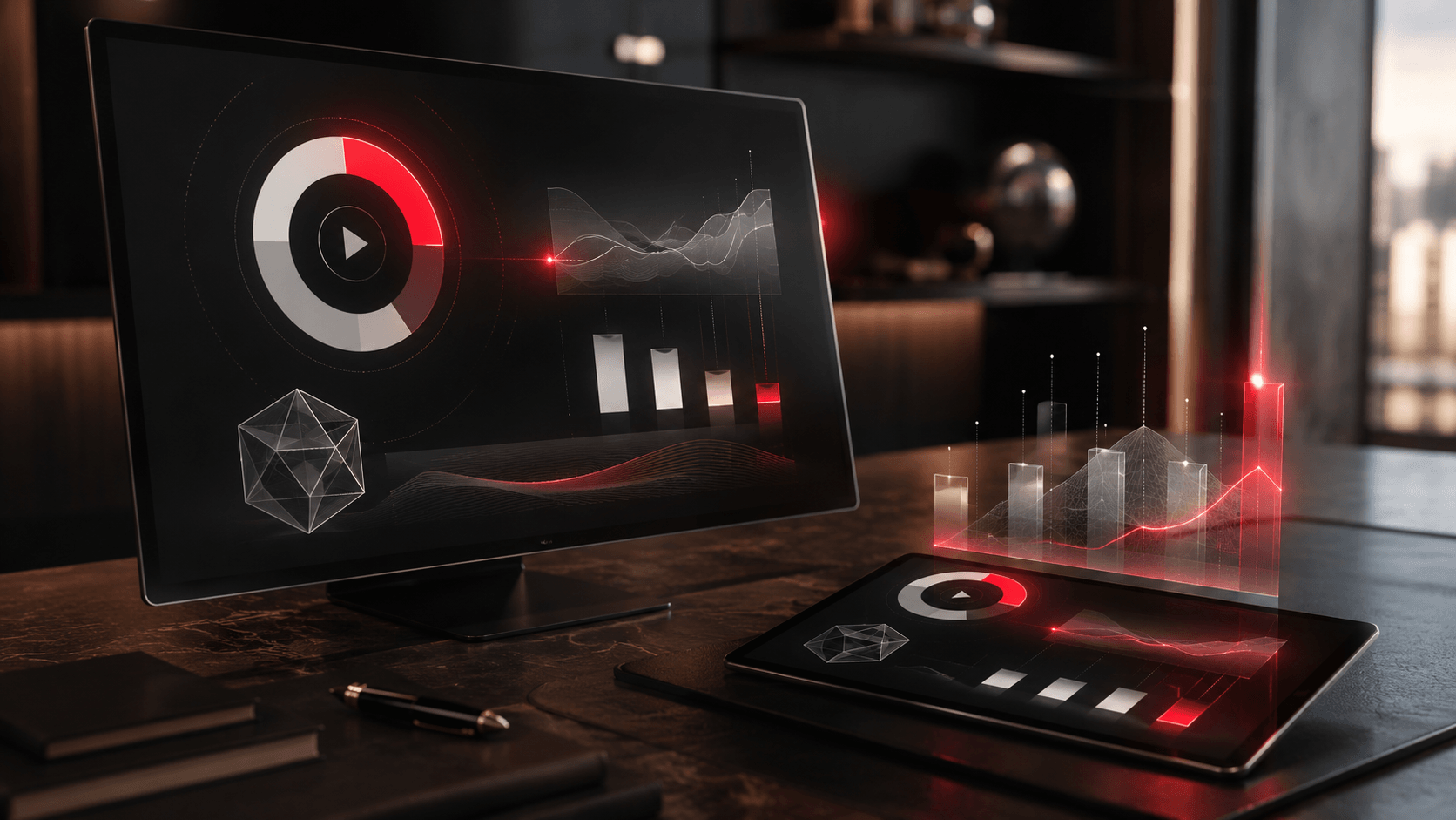 laptop phone financial dashboards play button by keystone media videos for asset and financial services